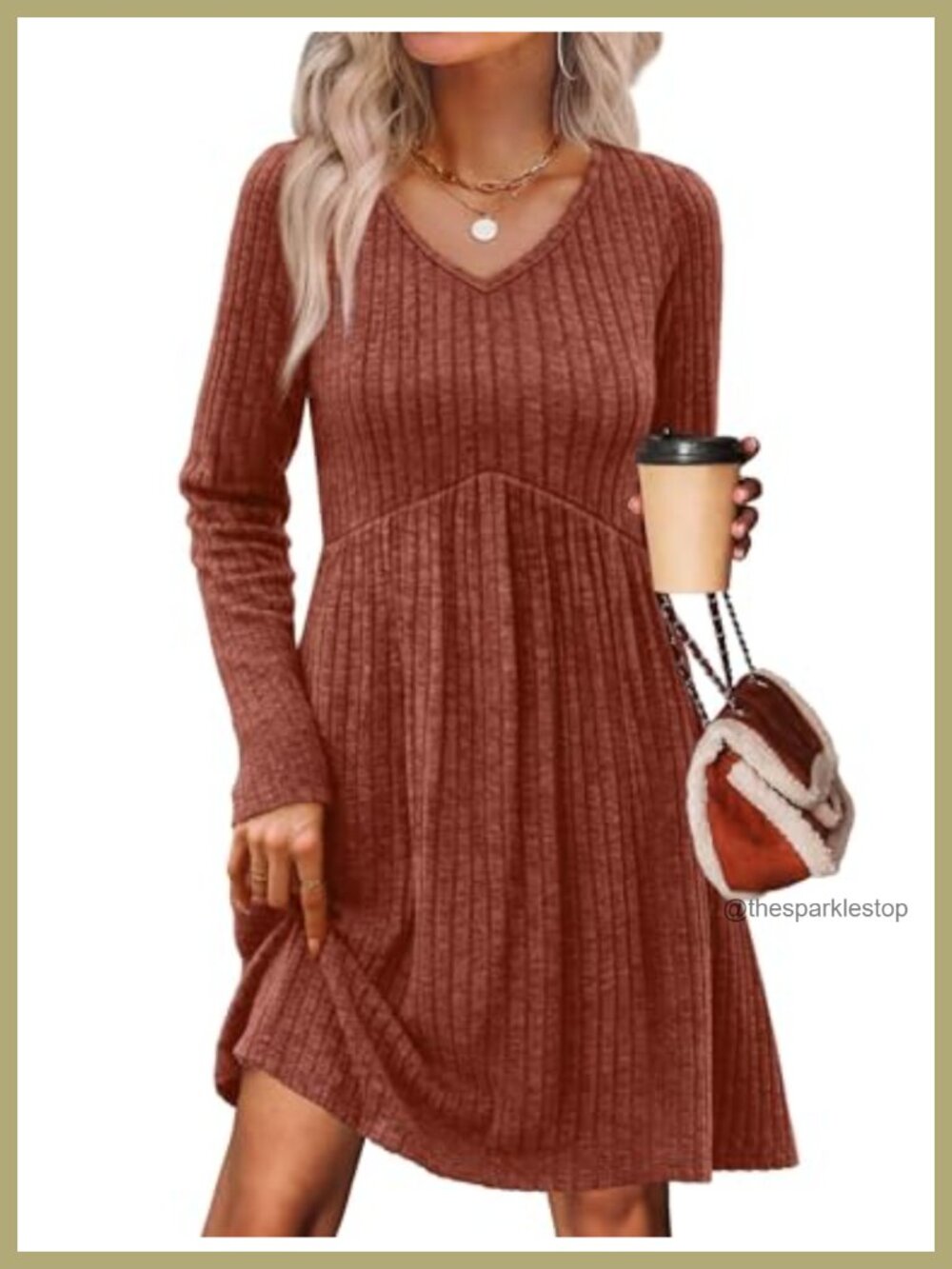 Long Sleeve V Neck Sweater Dress Empire Waist Babydoll Tunic with Pockets